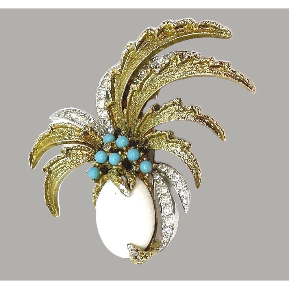 Vintage Jomaz brooch Rhinestone Enamel Faux Turquoise Pineapple Abstract Rare